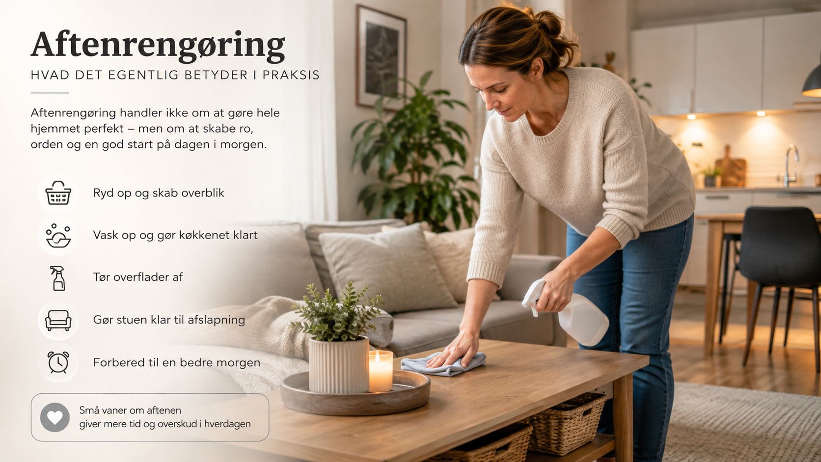 En kvinde rengør et sofabord i en hyggelig stue som en del af en aftenrengøringsrutine.