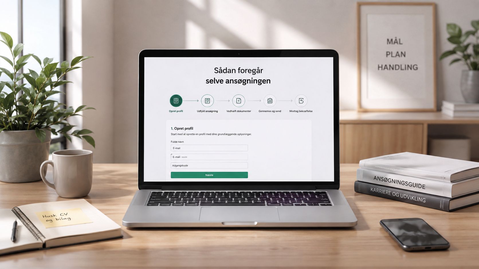 En bærbar computer viser en online ansøgningsproces for kommunal rengøringshjælp på et skrivebord med kontorartikler.