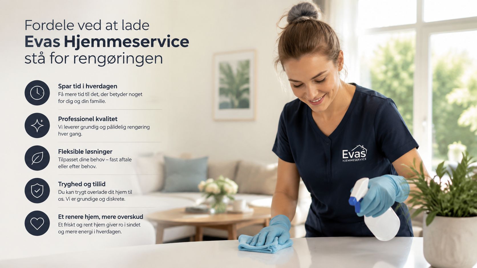 En professionel rengøringsassistent fra Evas Hjemmeservice tørrer et bord af i et lyst og moderne hjem.