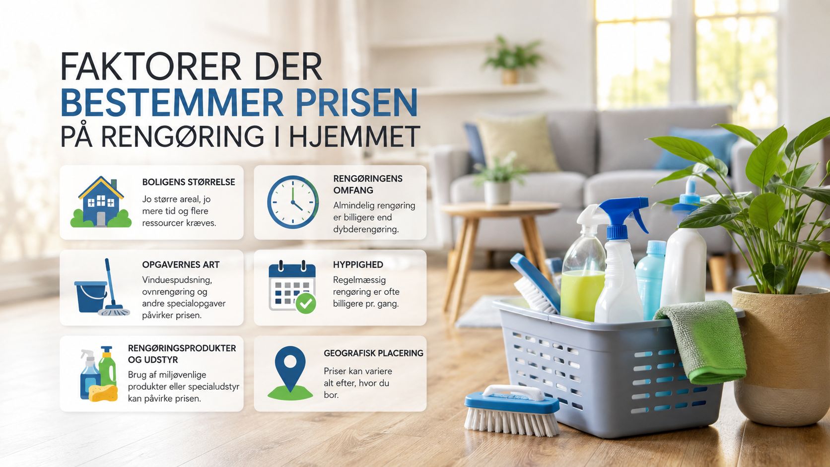 Infografik der forklarer hvilke seks faktorer, der bestemmer prisen på professionel rengøring af private hjem.