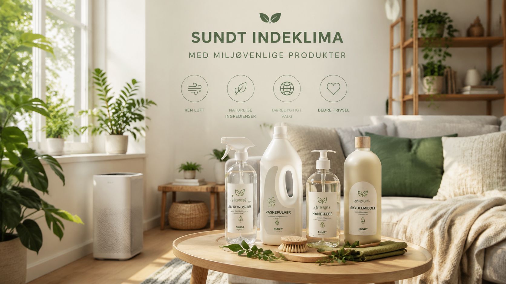 Miljøvenlige rengøringsprodukter fra Sundt placeret på et træbord i en lys og grøn stue med planter.