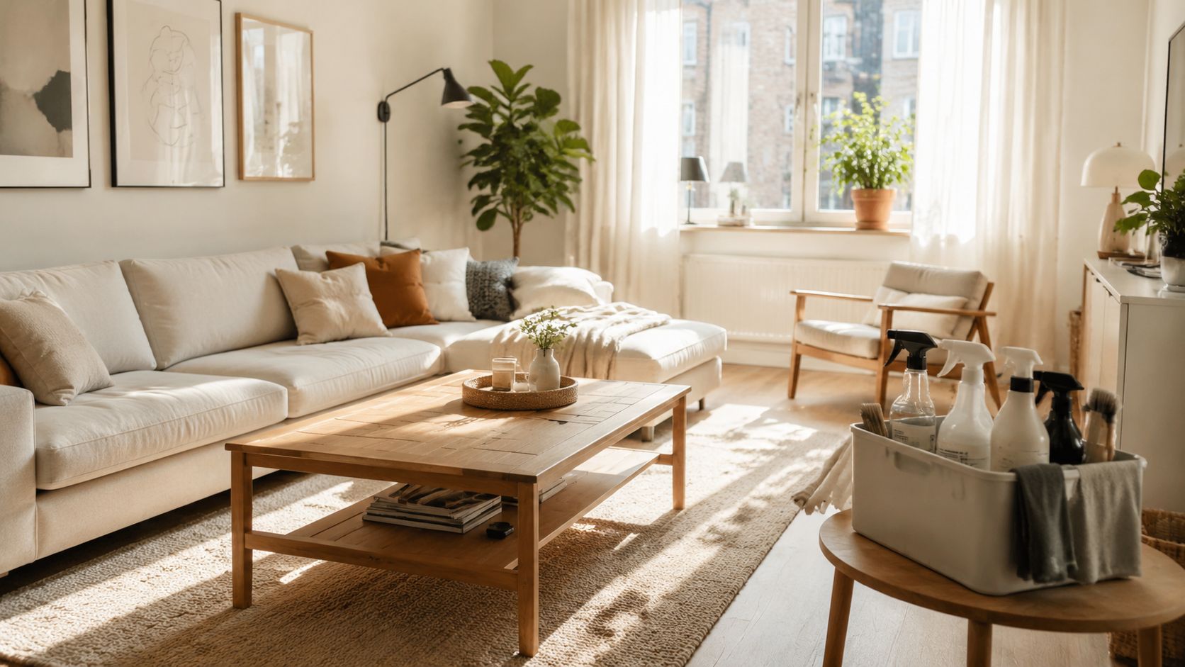 En lys og indbydende stue med en sofa, et sofabord og rengøringsudstyr klar til rengøringshjælp i hjemmet.