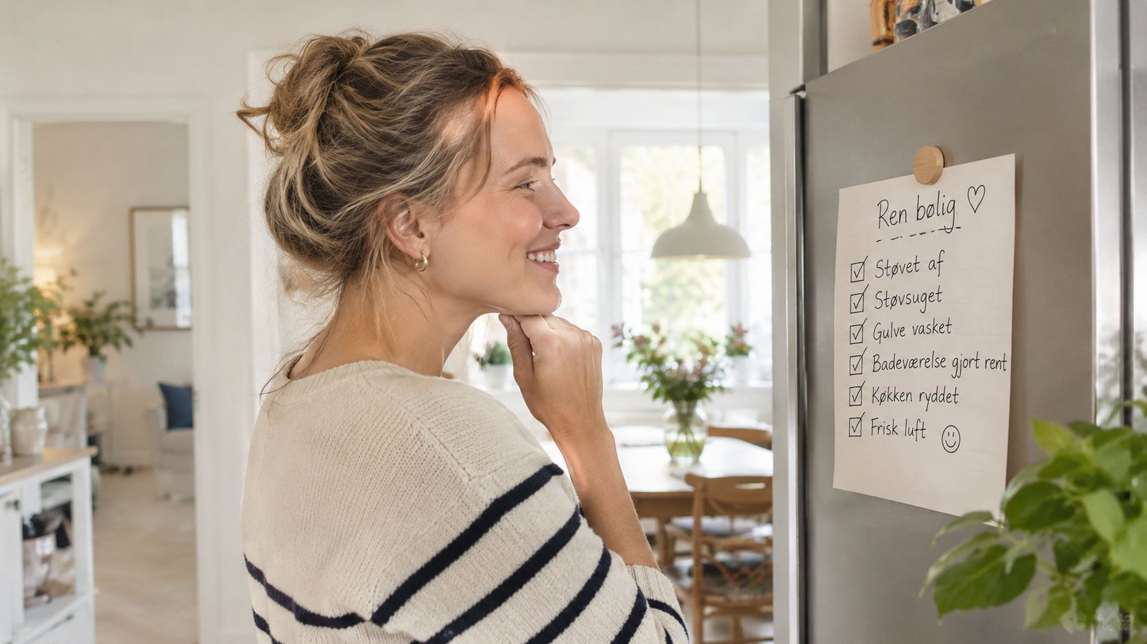 En smilende kvinde ser på en tjekliste med rengøringsopgaver ophængt på et køleskab i et lyst hjem.