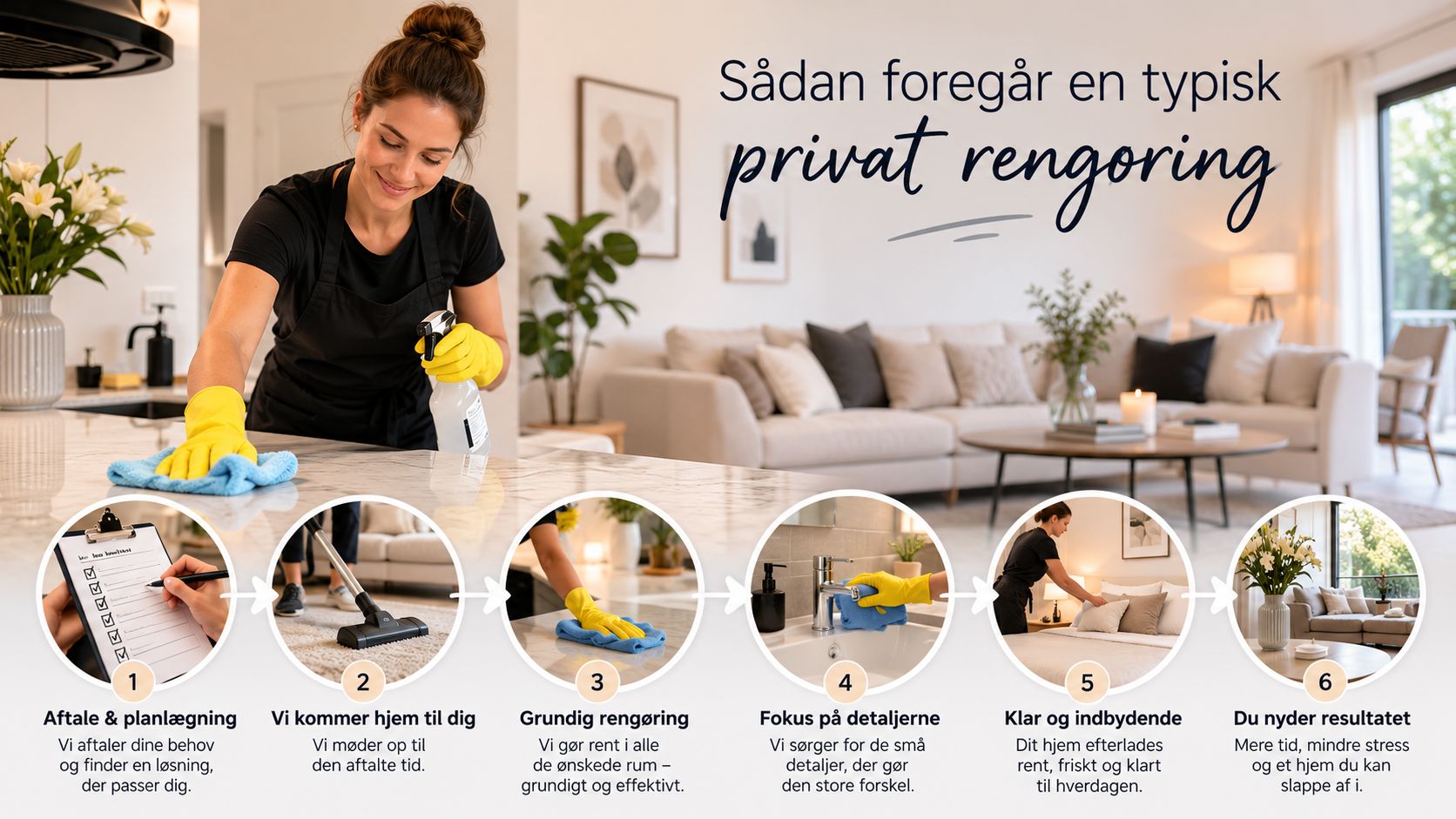 En grafisk oversigt over processen for privat rengøring, der viser seks trin fra planlægning til et rent hjem.