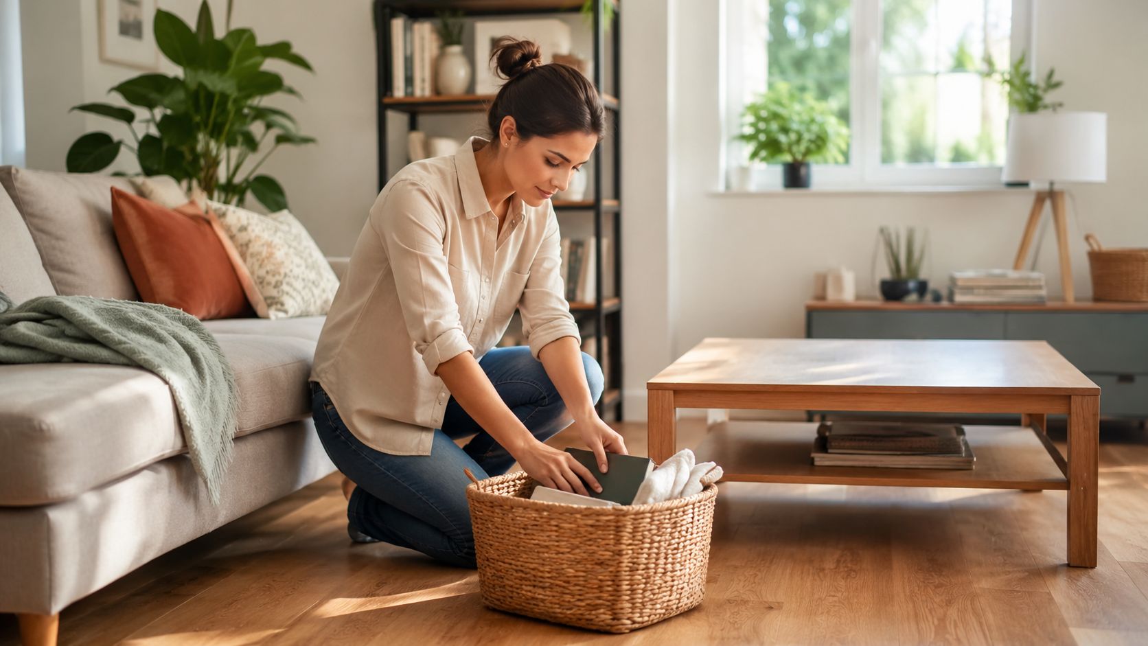 En kvinde knæler på gulvet i en stue og organiserer ting i en flettet kurv under hovedrengøring