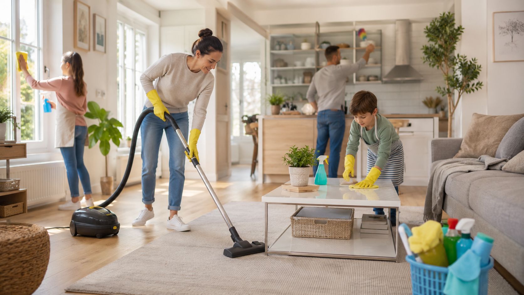 En familie på fire arbejder sammen om at gøre deres lyse hjem grundigt rent i stuen.