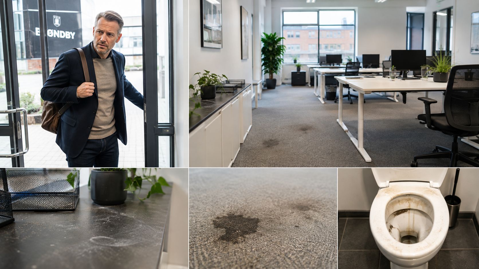 Et kontorområde med synligt støv, pletter på gulvtæppet og et beskidt toilet, der trænger til professionel rengøring.