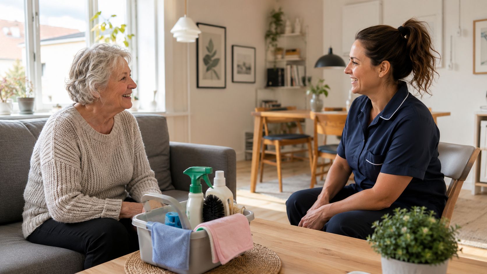En ældre kvinde og en glad rengøringsassistent taler sammen i en hyggelig stue med rengøringsartikler på bordet.