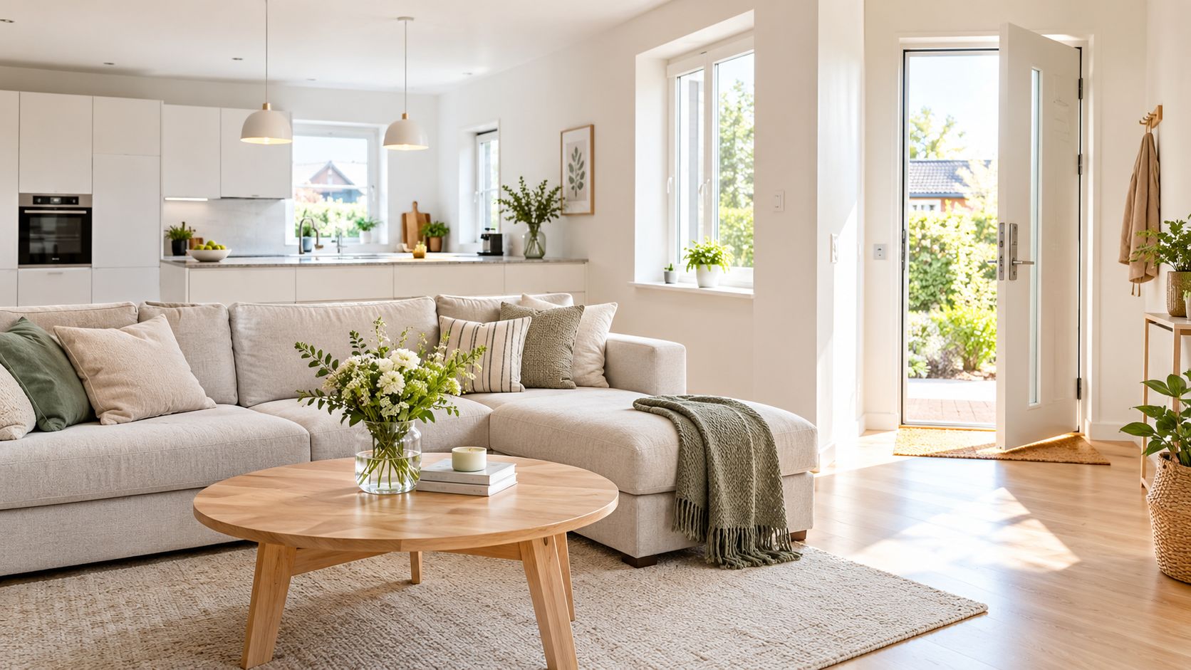 En lys og moderne stue med beige sofa, sofabord og åbent køkken i en nordisk indretningsstil