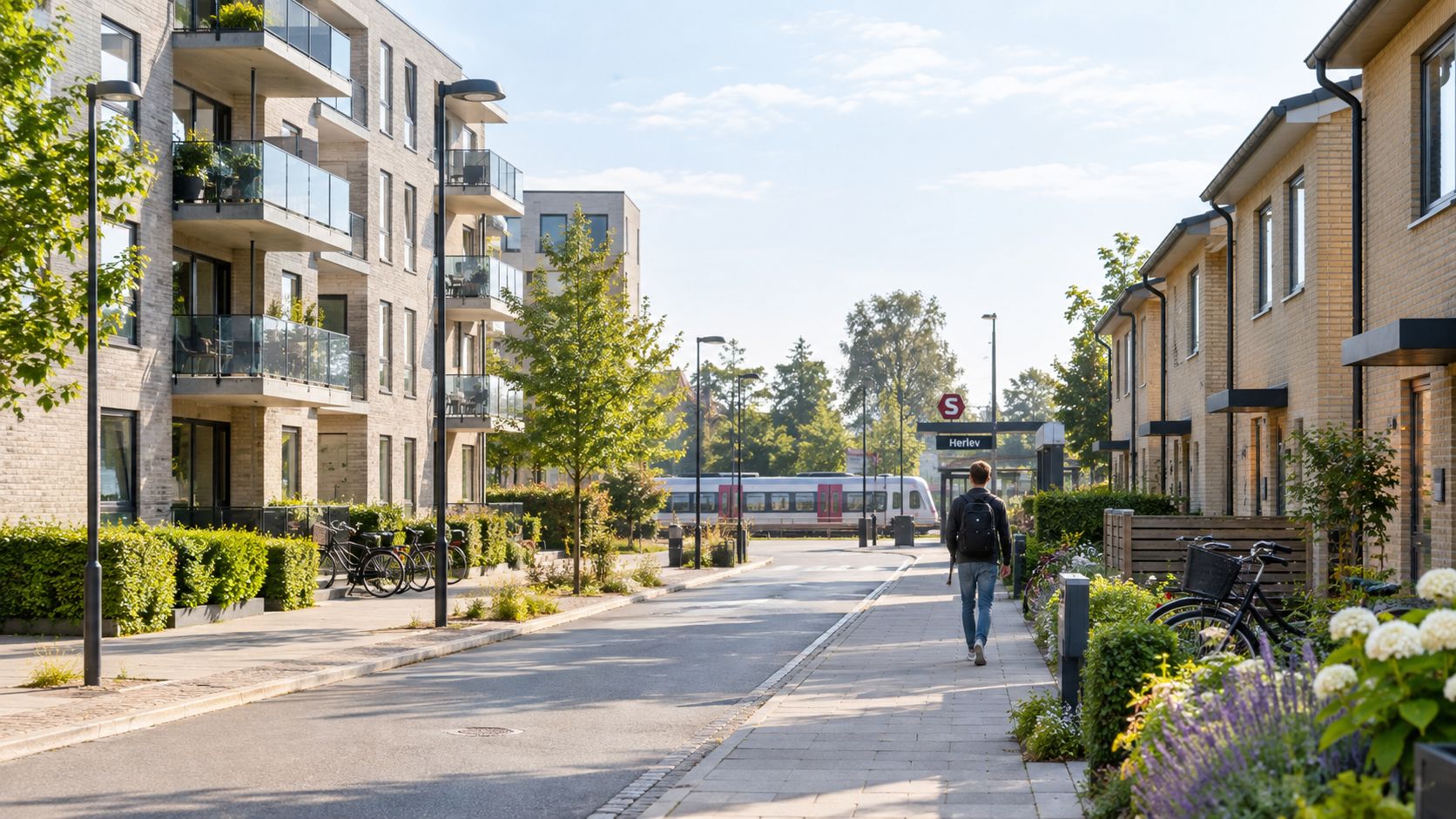 En mand går ad en fortovssti i et boligområde i Herlev nær en togstation med tog i baggrunden.