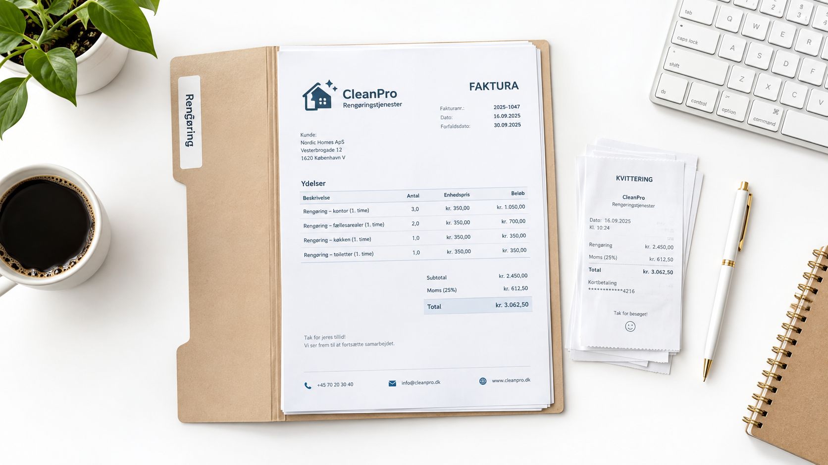 En faktura fra rengøringsfirmaet CleanPro placeret på et skrivebord ved siden af en kop kaffe og computer.