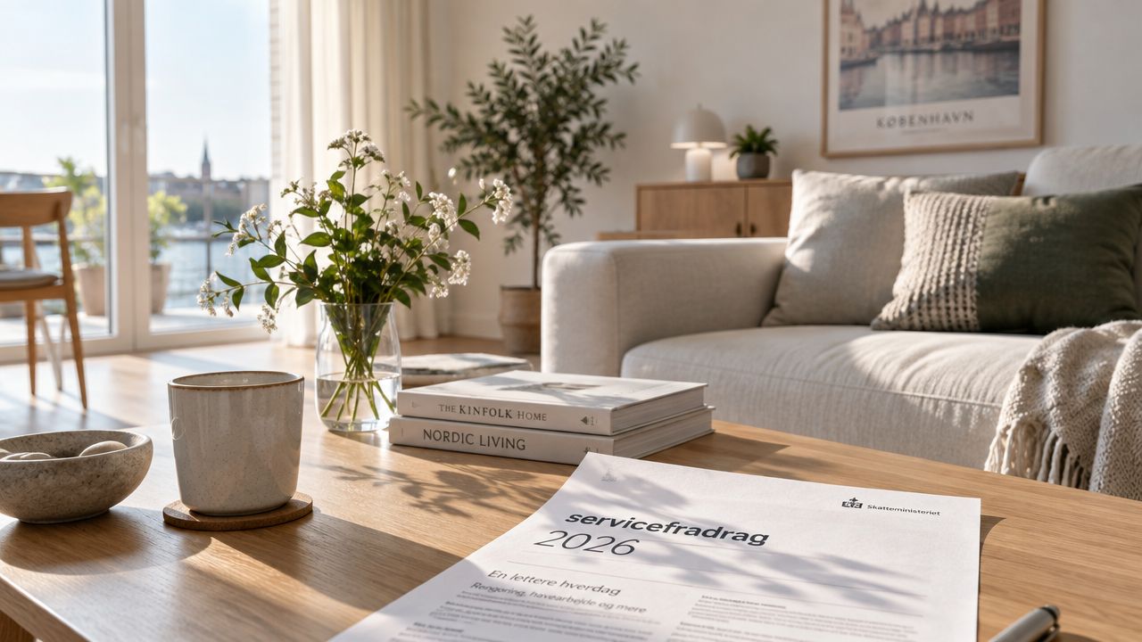 Et lyst og moderne stueinteriør med en coffee table bog og et dokument om servicefradrag 2026.