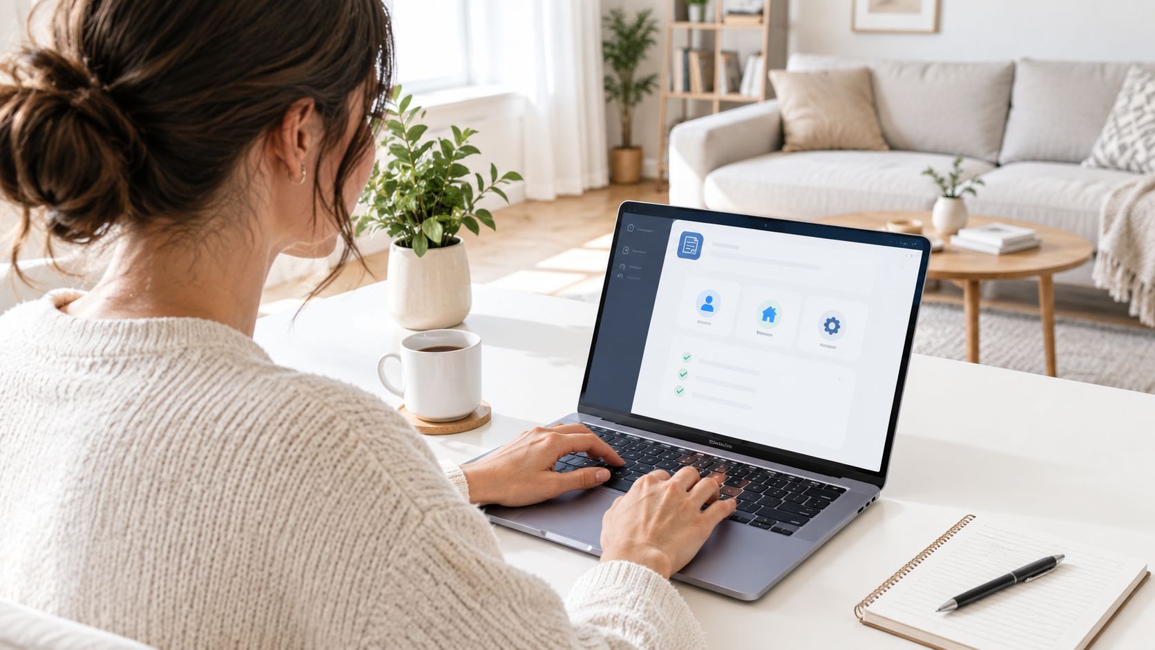 En kvinde sidder ved sit skrivebord og bruger sin bærbare computer til at administrere rengøringshjælp og fradrag.