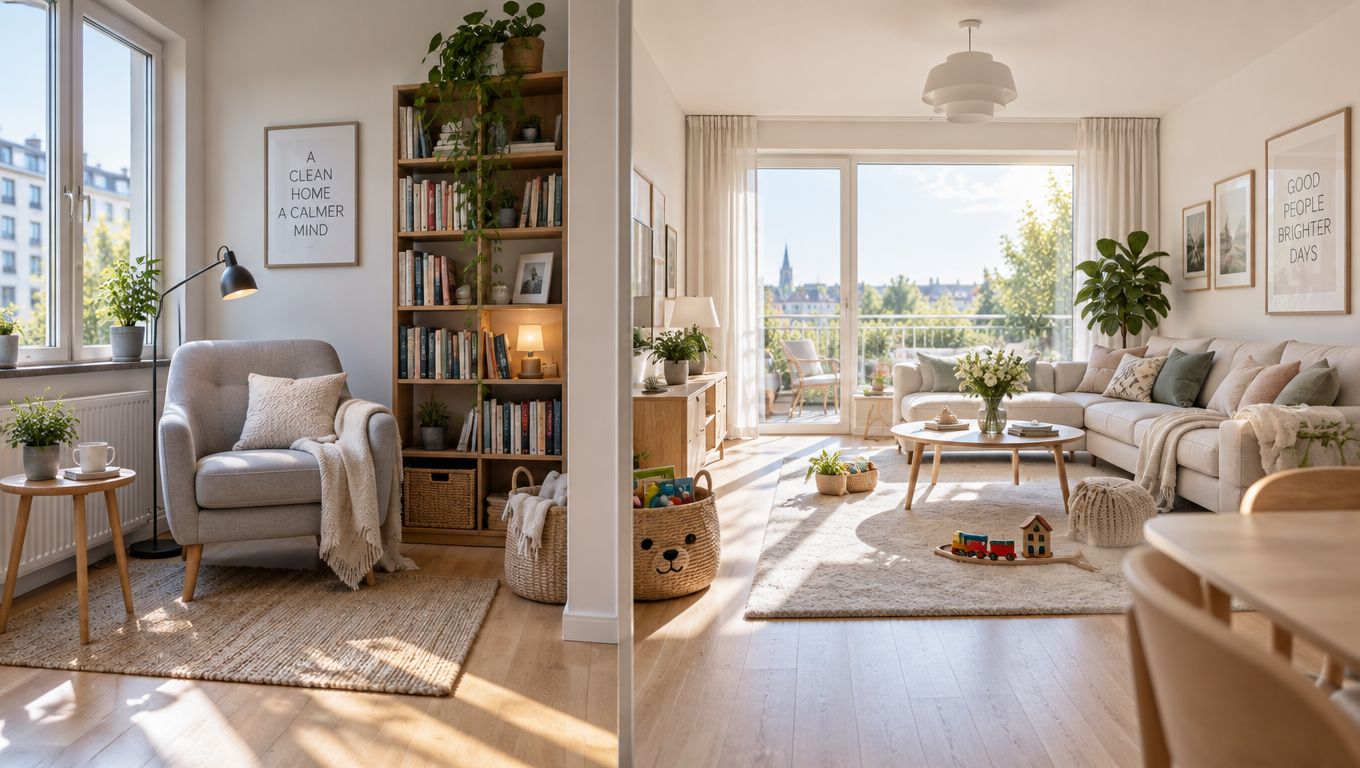 Hyggelig og lys stueindretning med komfortable møbler, grønne planter, en bogreol og smuk udsigt fra altanen.