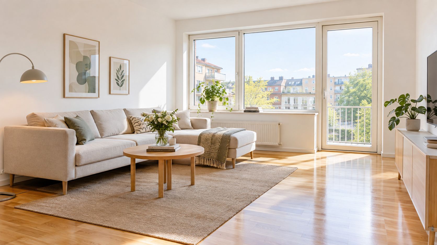 En hyggelig og lys stue med en beige sofa, et rundt sofabord og udsigt til grønne træer.