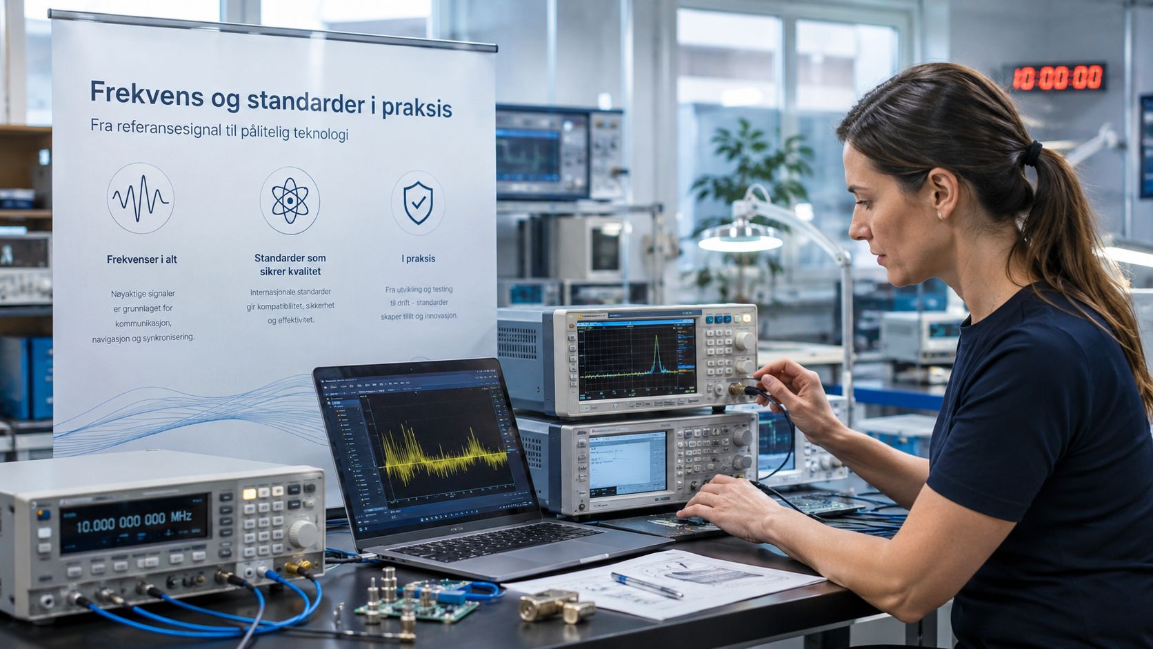 En kvindelig ingeniør arbejder med elektronisk måleudstyr og frekvensanalyse i et moderne laboratoriemiljø med teknisk udstyr.