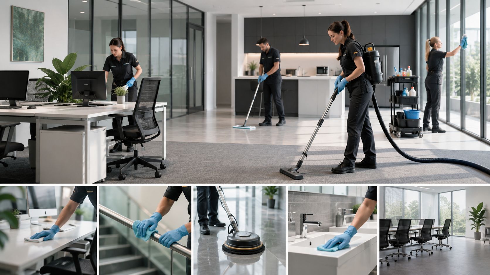 Et professionelt rengøringshold i uniform udfører grundig erhvervsrengøring på et moderne kontor med mange forskellige arbejdsopgaver.