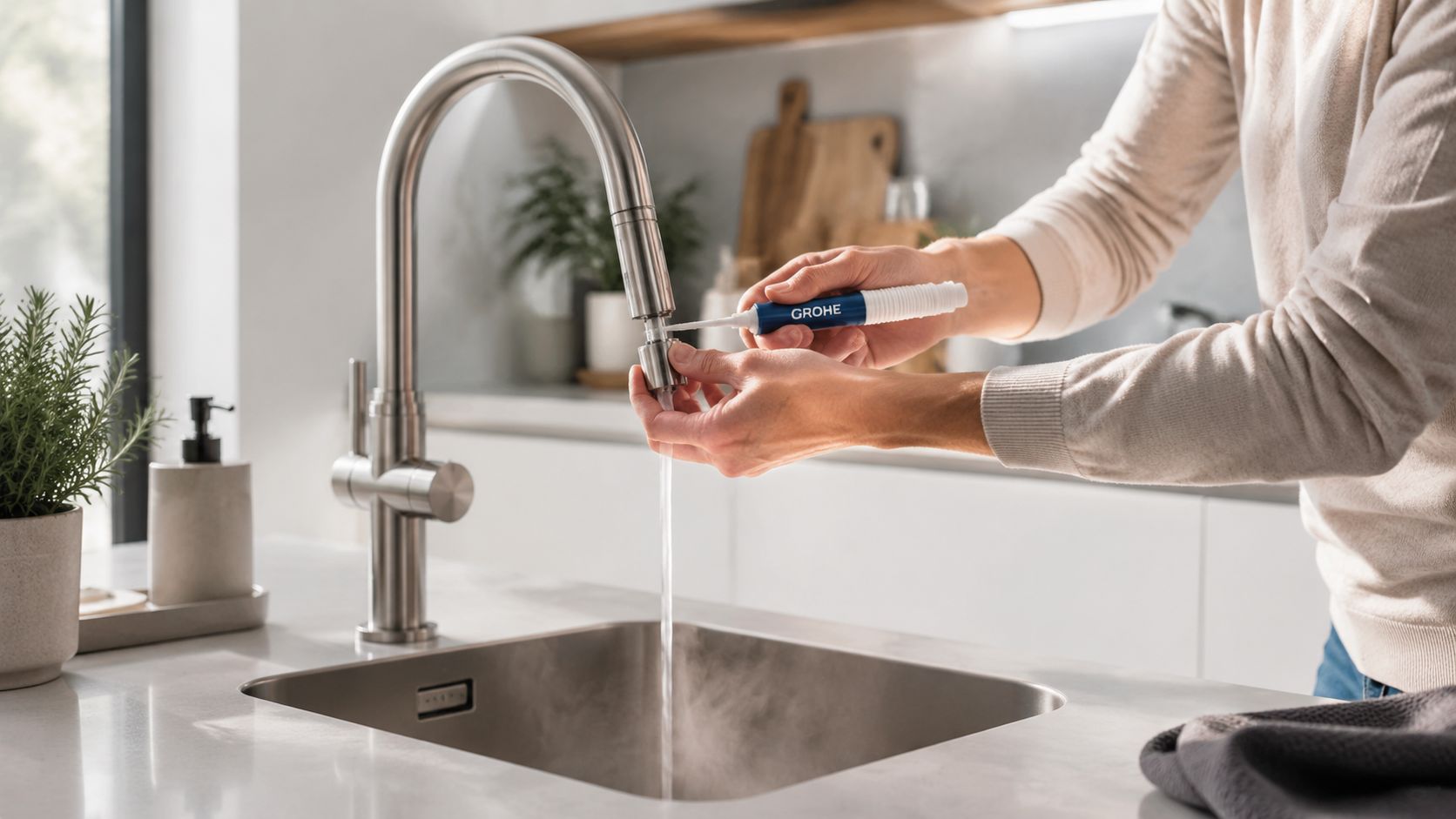 En person renser en moderne Grohe-køkkenvandhane med en specialbørste over en vask i et stilfuldt køkken.