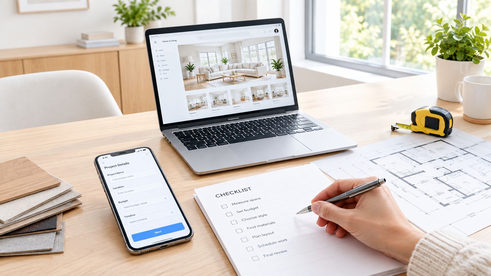 En person planlægger boligrenovering med en bærbar computer, smartphone, plantegning og en tjekliste på et skrivebord.