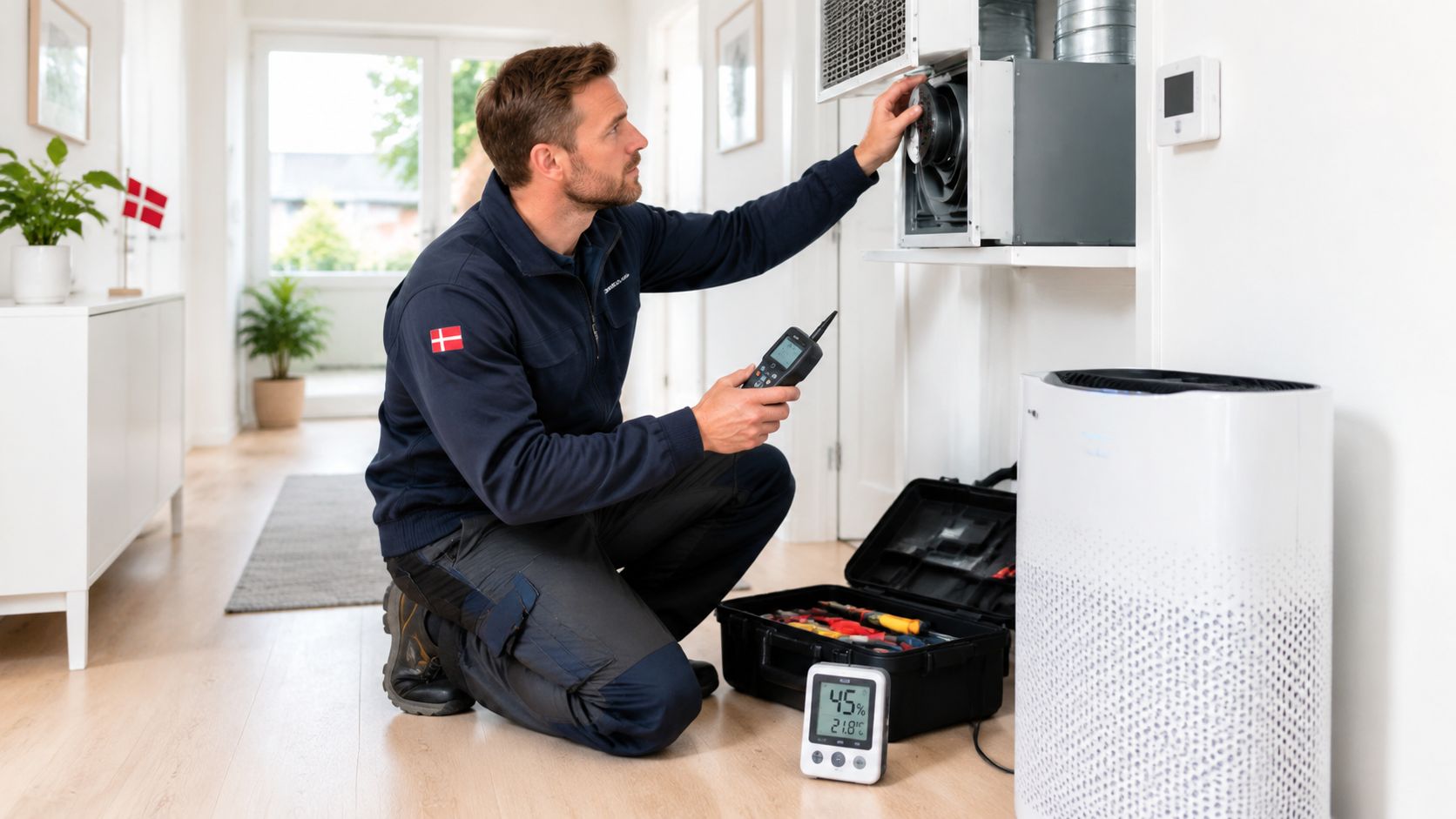 En professionel tekniker inspicerer et ventilationsanlæg i et moderne hjem for at sikre et sundt indeklima.