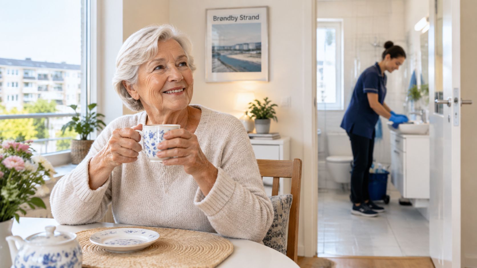 En glad ældre kvinde drikker te ved bordet, mens en hjemmehjælper gør rent i baggrunden på badeværelset.