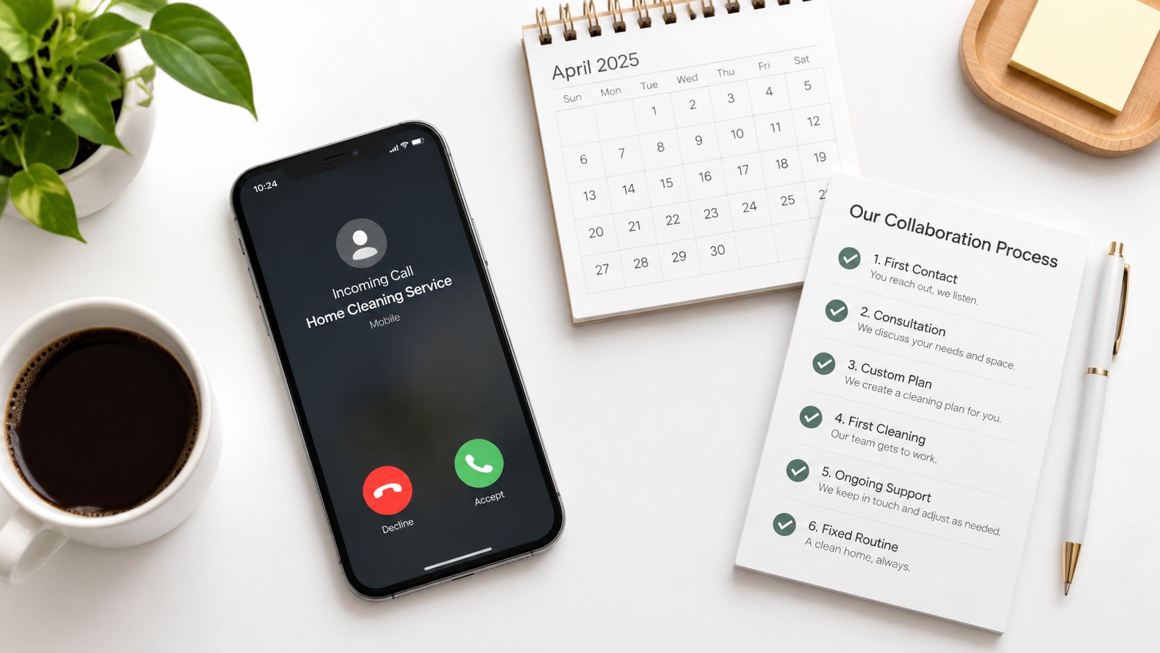 En mobiltelefon viser et indgående opkald fra en rengøringsservice ved siden af en kalender og procesliste.