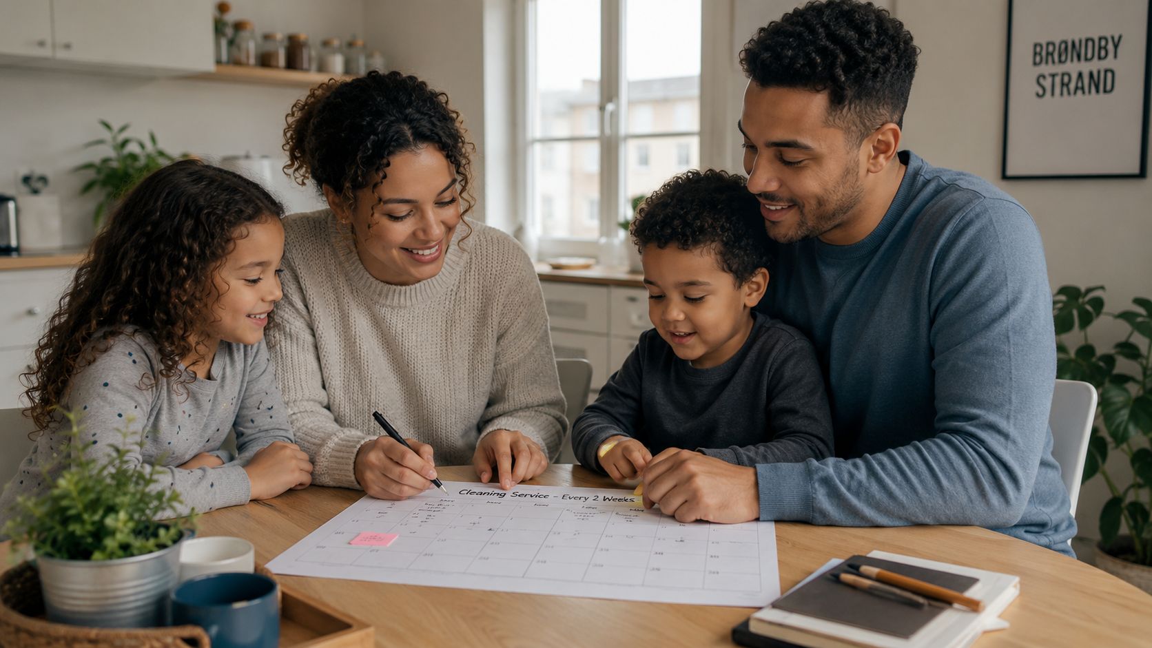 En smilende familie på fire sidder ved et bord og planlægger deres rengøringshjælp med en kalender.