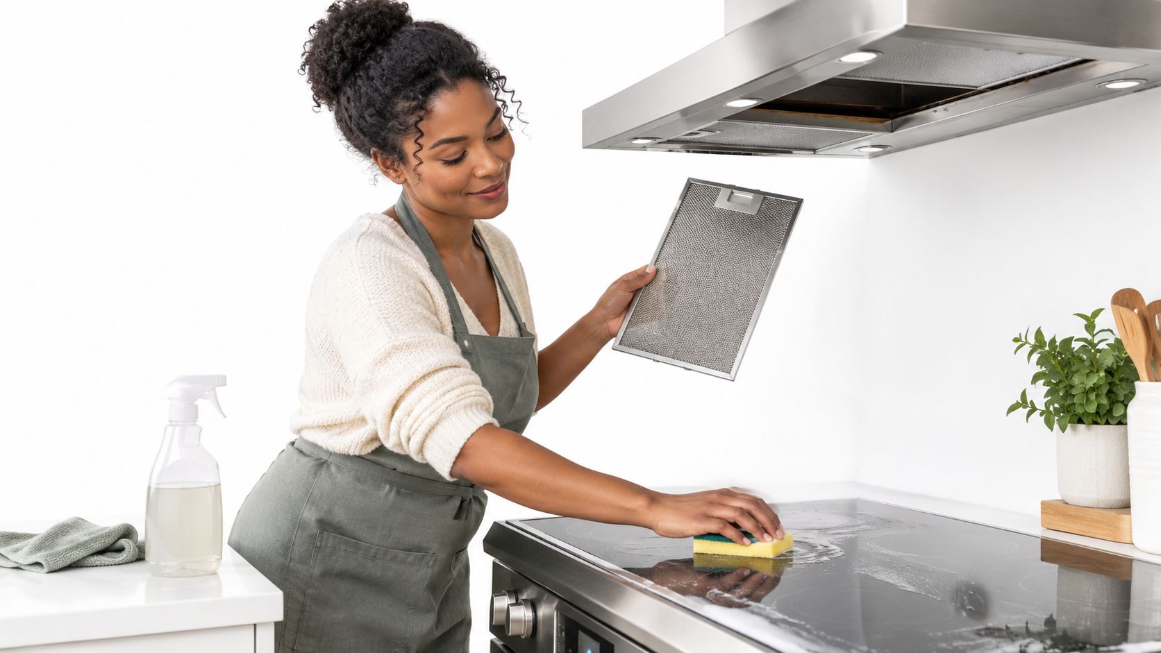En smilende kvinde i forklæde rengør sit komfur og holder et emhættefilter i et lyst køkken.