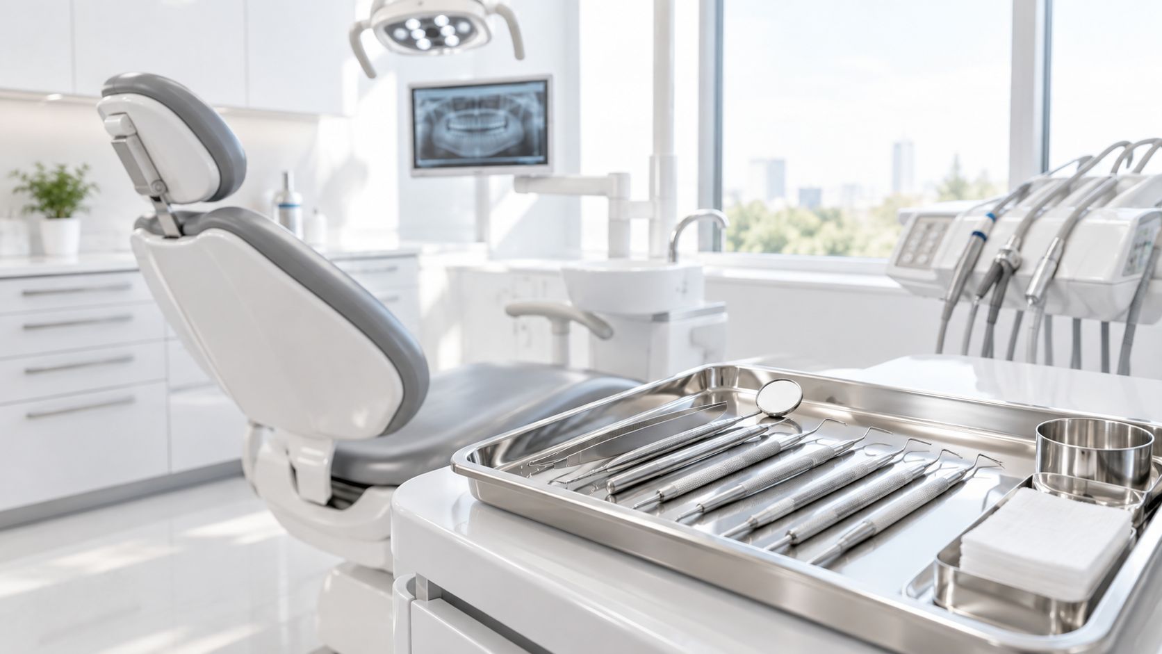 Moderne tandlægeklinik med en ren patientstol, professionelt udstyr og en bakke med steriliserede instrumenter klar til behandling.