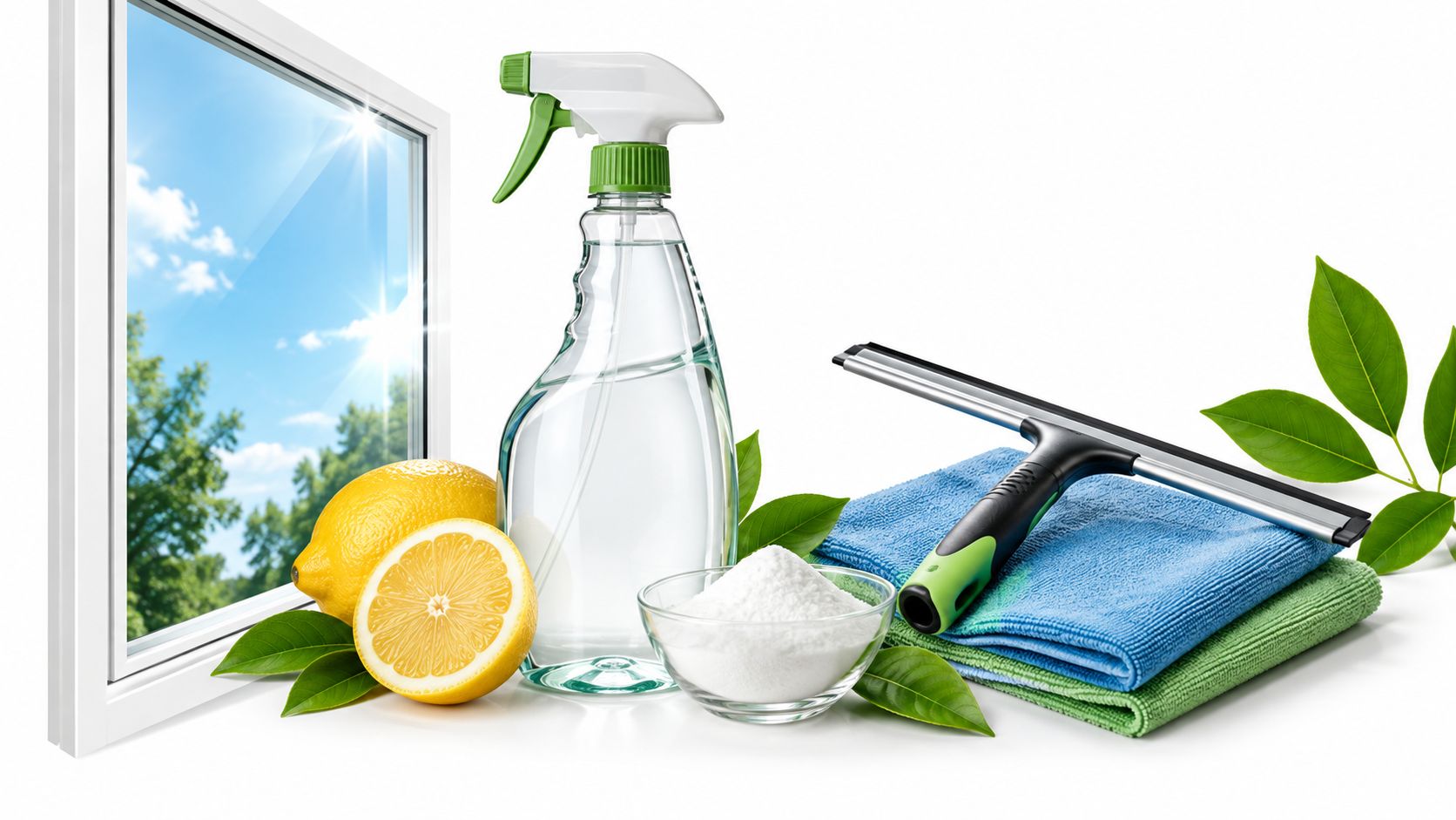 Rengøringsartikler til vinduer herunder sprayflaske, citroner, natron, mikrofiberklude og en vinduesskraber på en hvid baggrund.